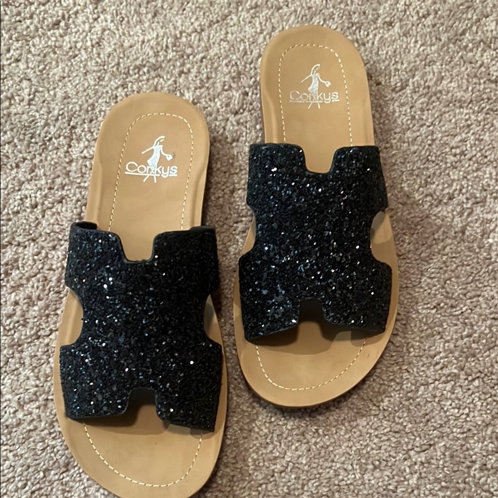 Corkys Black Glitter Slide Sandals